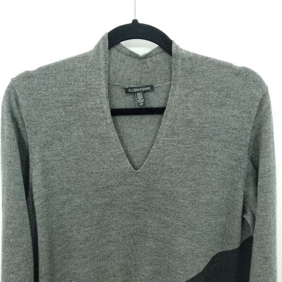 Eileen Fisher 100% Merino Wool V-neck Asymmetrical Sweater S Gray/Black - Picture 5 of 16